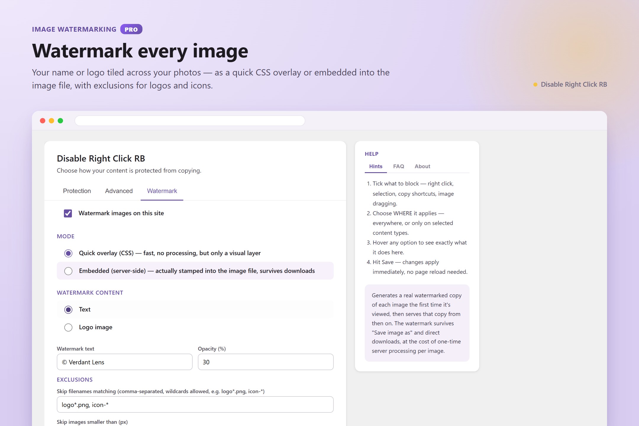 PRO — image watermarking: your text or logo as a CSS overlay or embedded into the image file, with exclusions.