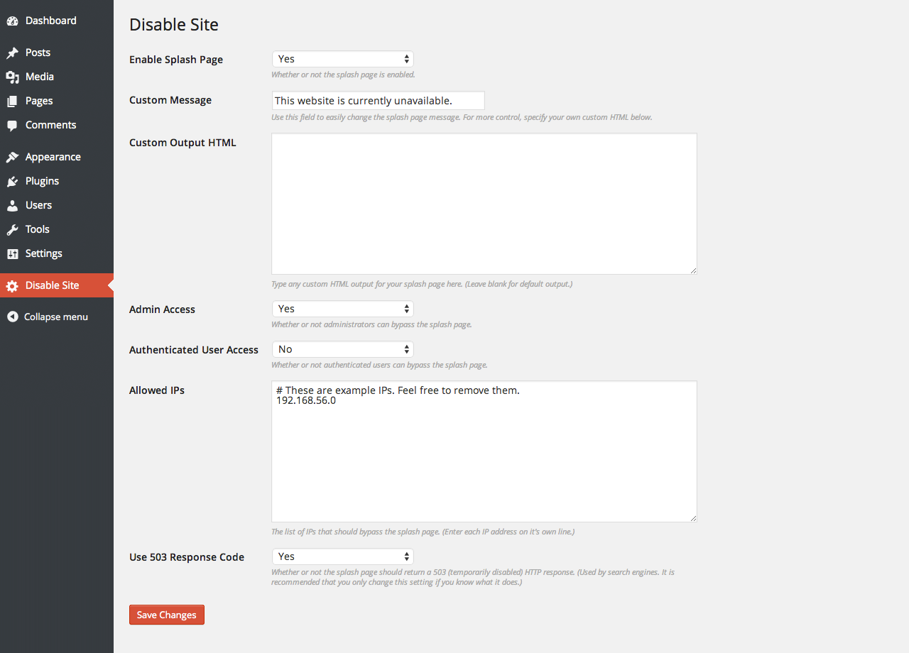 The admin interface showing the configuration page for this plugin.