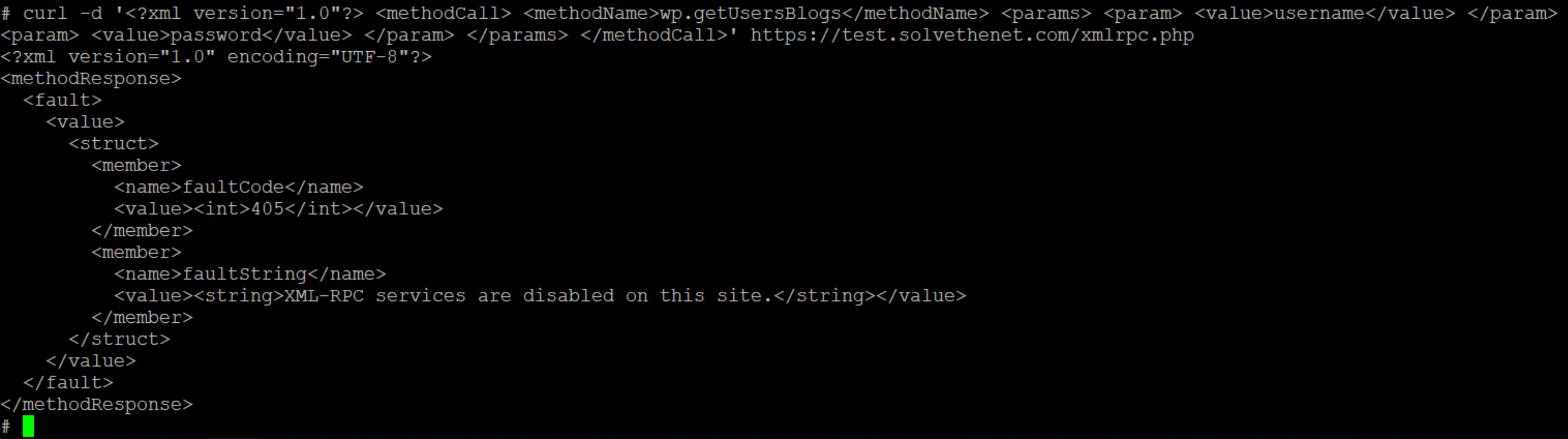 An example of a curl command attempting to request data via XML-RPC calls to the site when the plugin is enabled. The error 