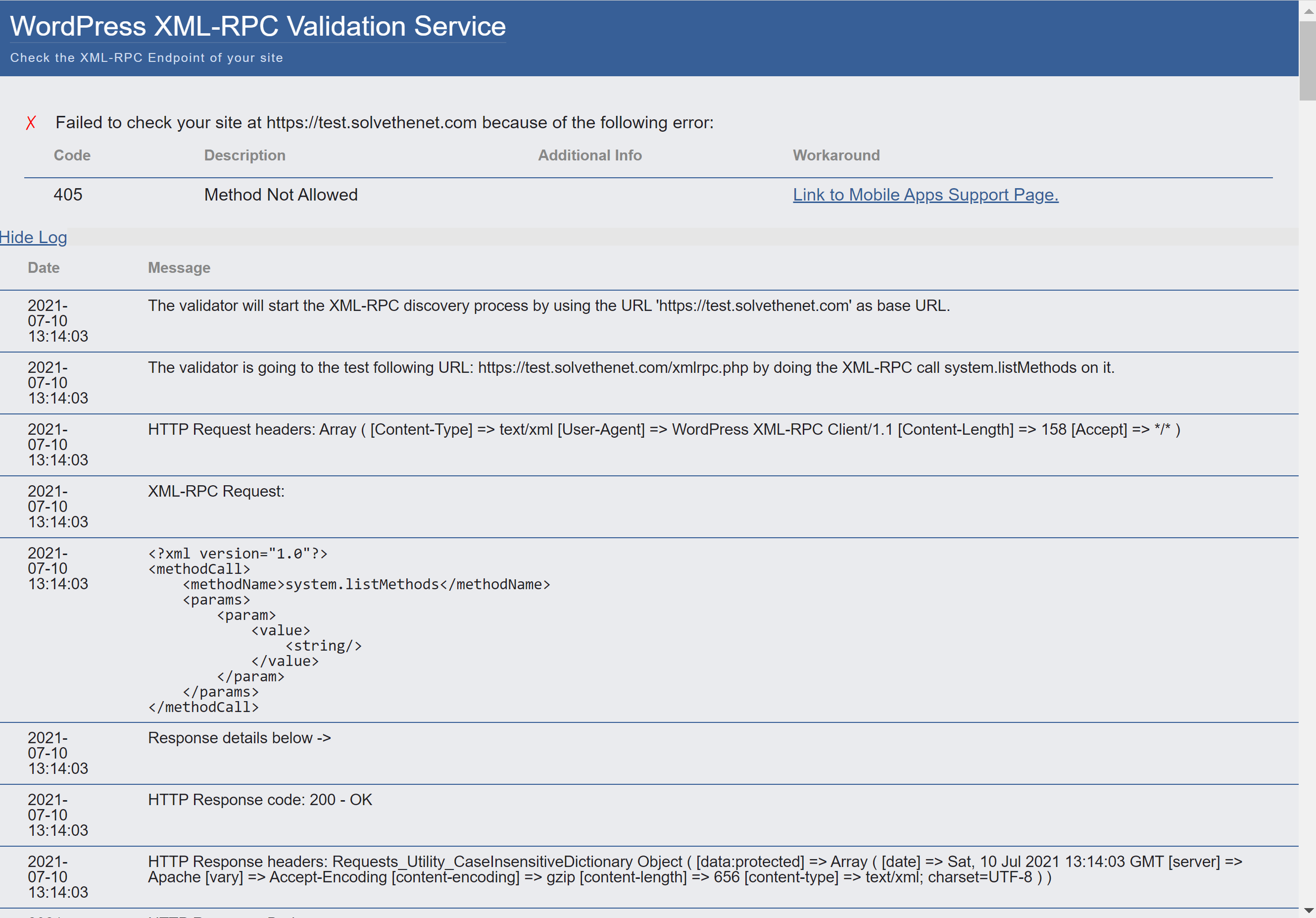 An example of Danilo Ercoli's XML-RPC validator run against the site when the plugin is enabled. The error 