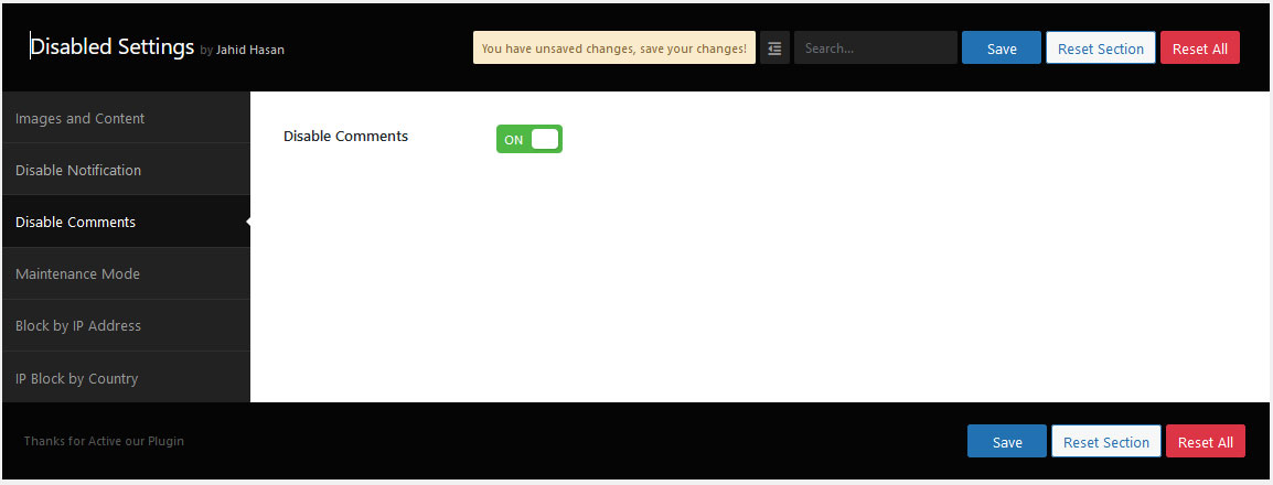Disable Comments Settings