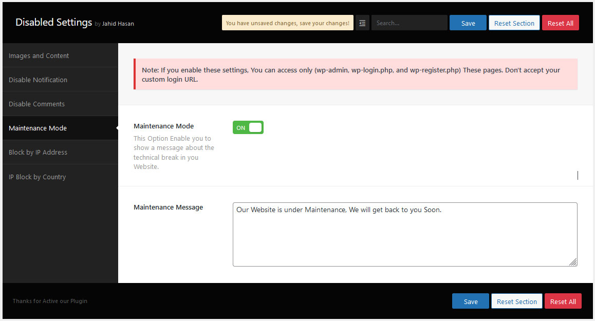 Maintenance Settings