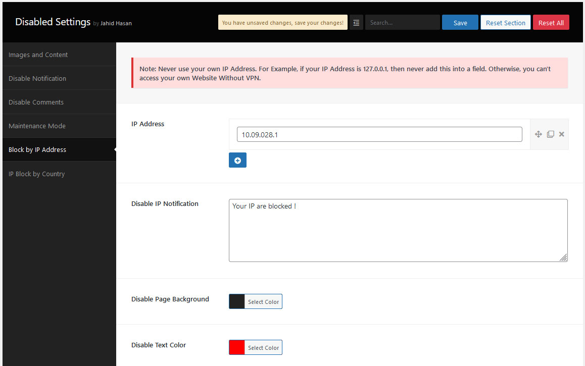 Disable by IP Address Settings