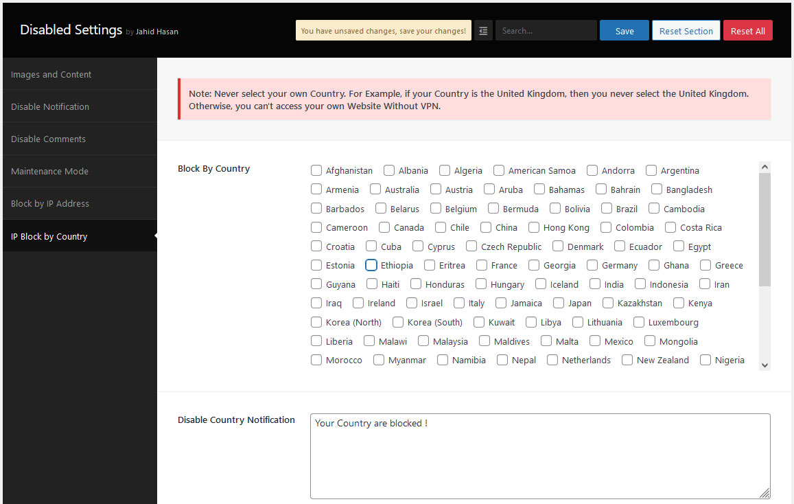 Disable IP by Country Settings