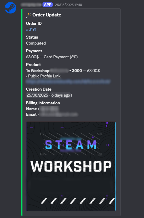 Image of a completed order Discord webhook