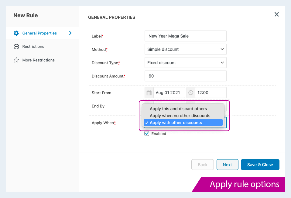 Apply Rule Options