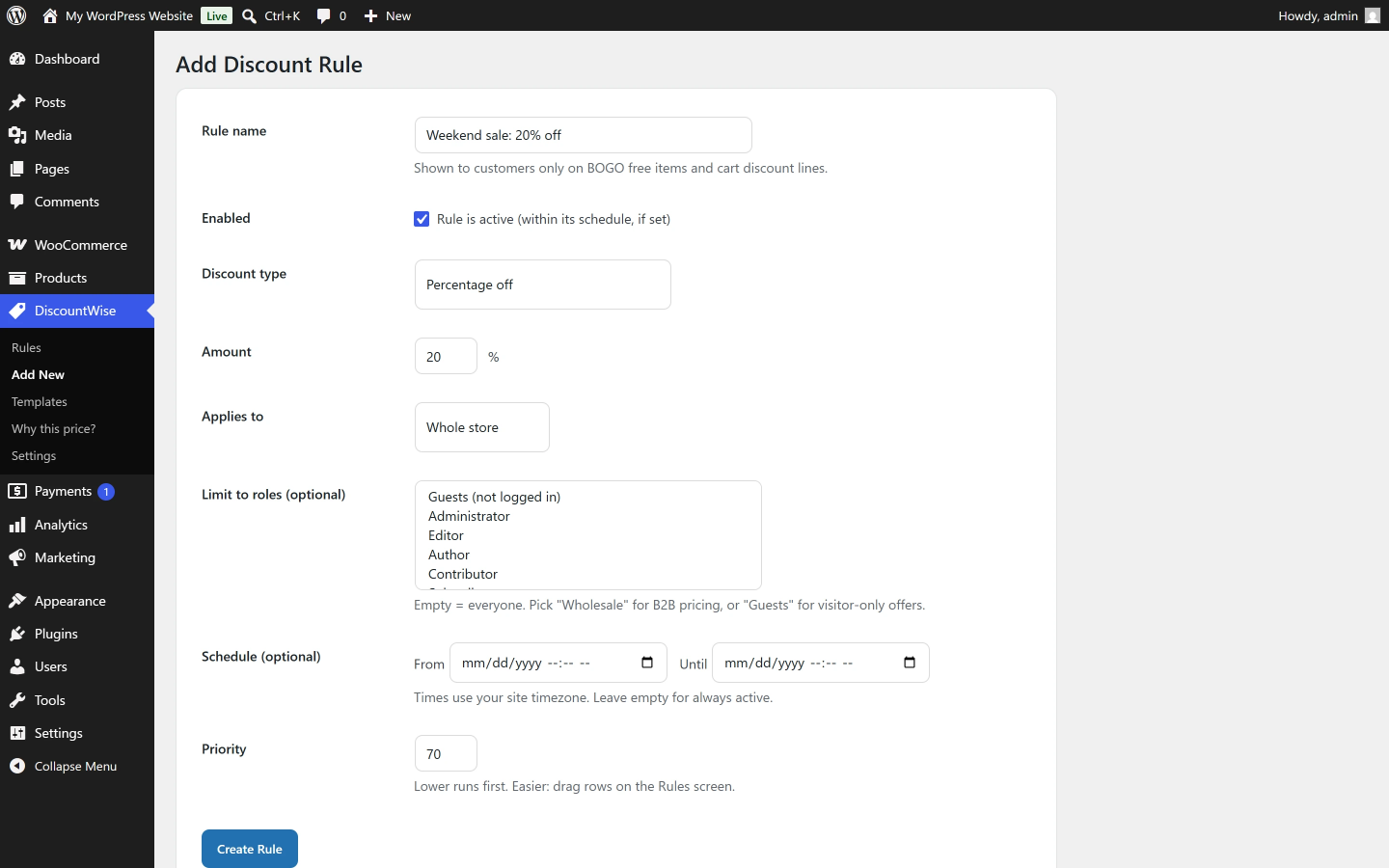 Adding a rule. Pick the type, the amount, and where it applies. The form changes to match the type you choose.