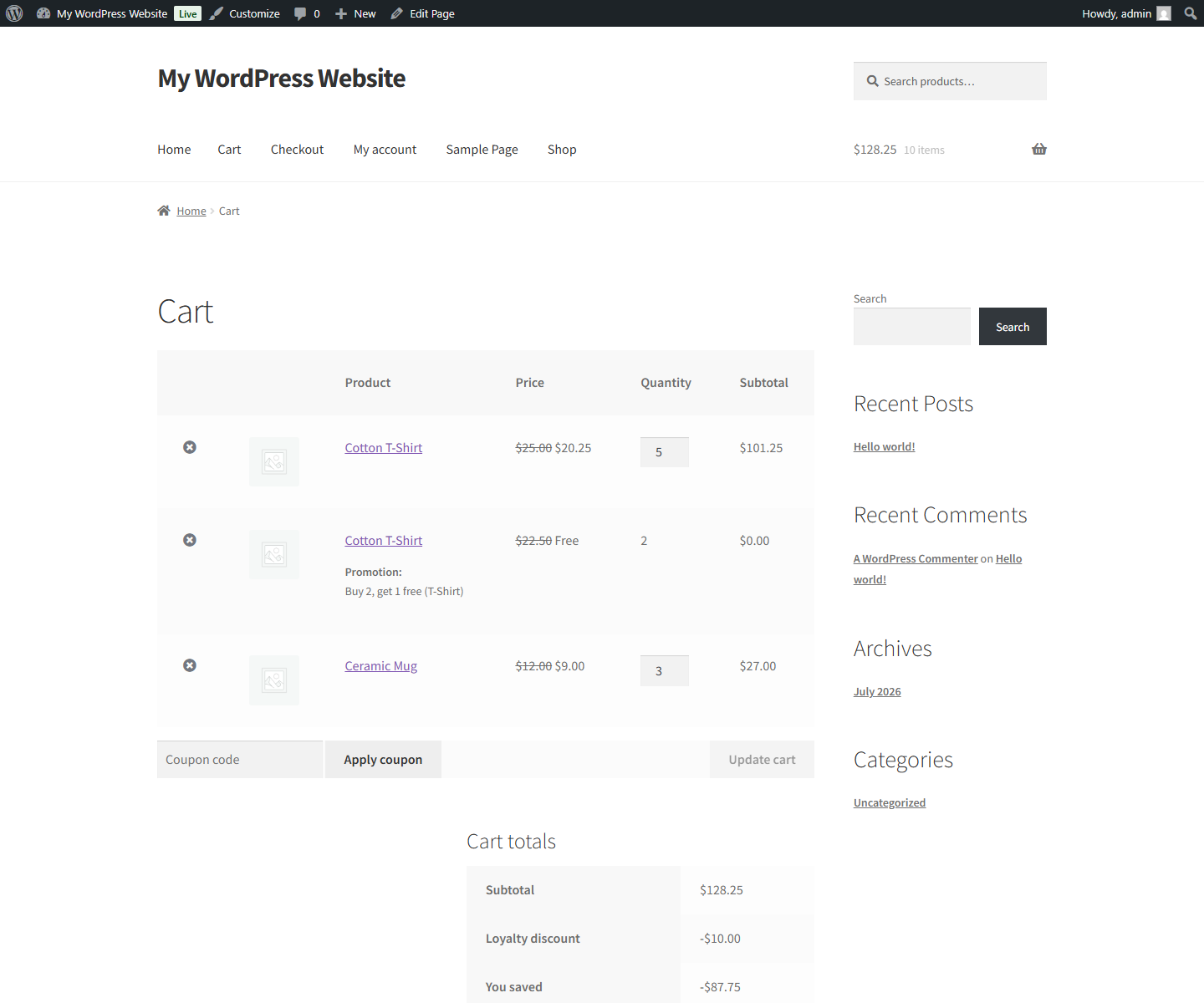 The cart with a subtotal discount applied and a "You saved" total.
