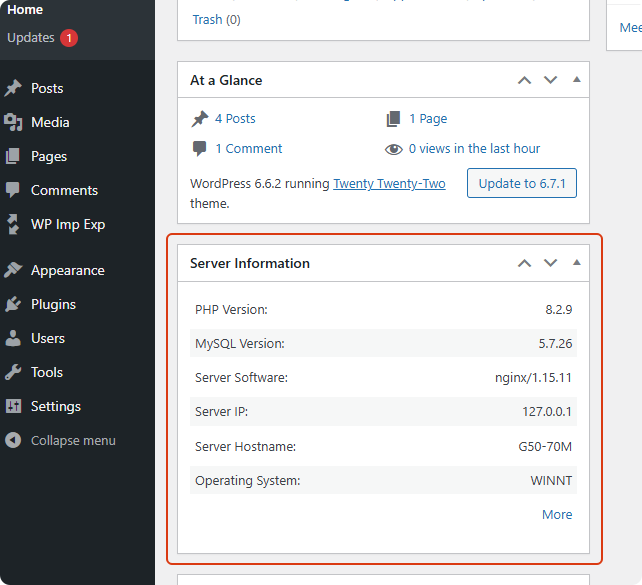 Dashboard Server Info