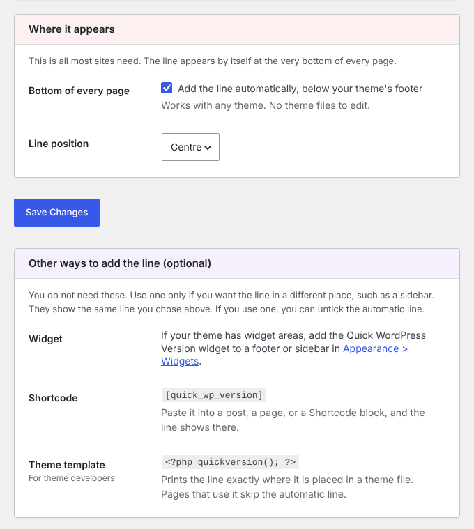 The line appears by itself at the bottom of every page. Optional other ways to add it are kept separate.