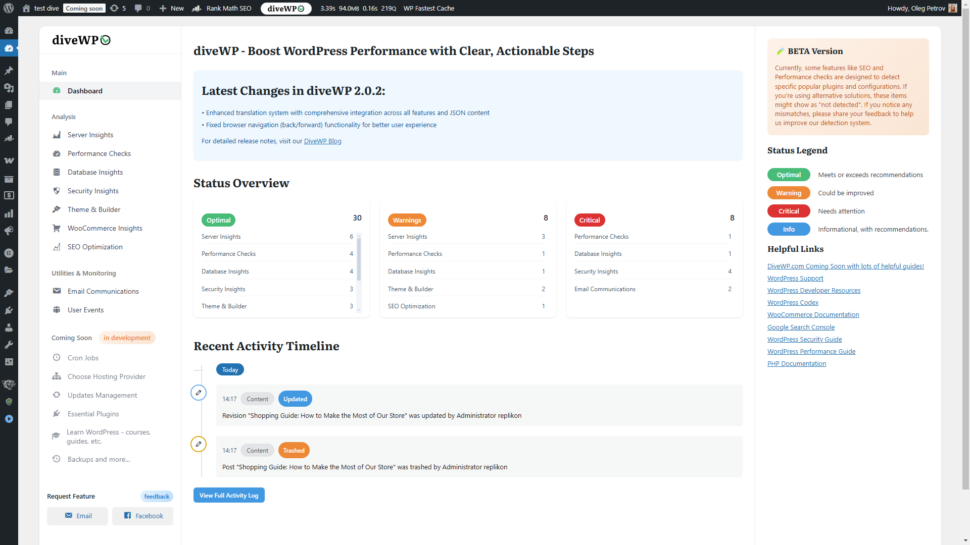 Site-health dashboard and recent activity.