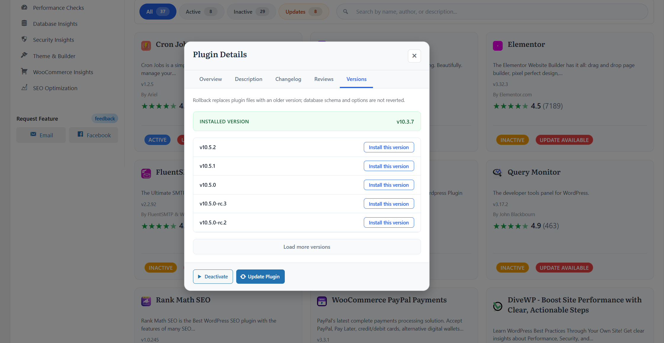 Plugin version history and rollback.