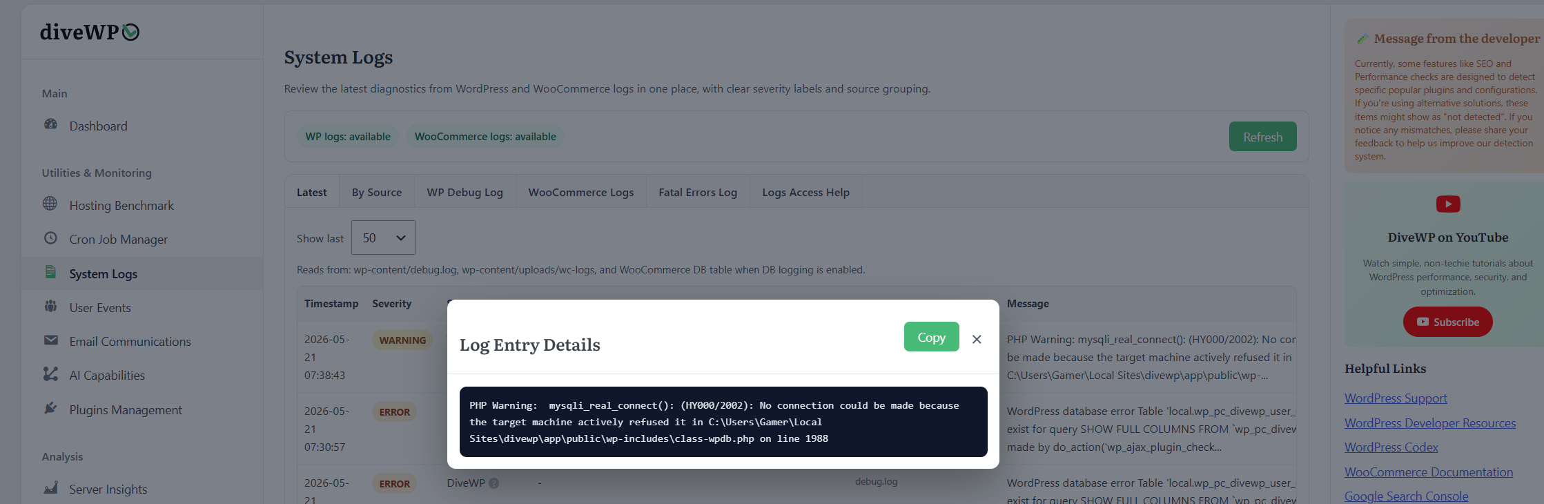 System log details and copy control.