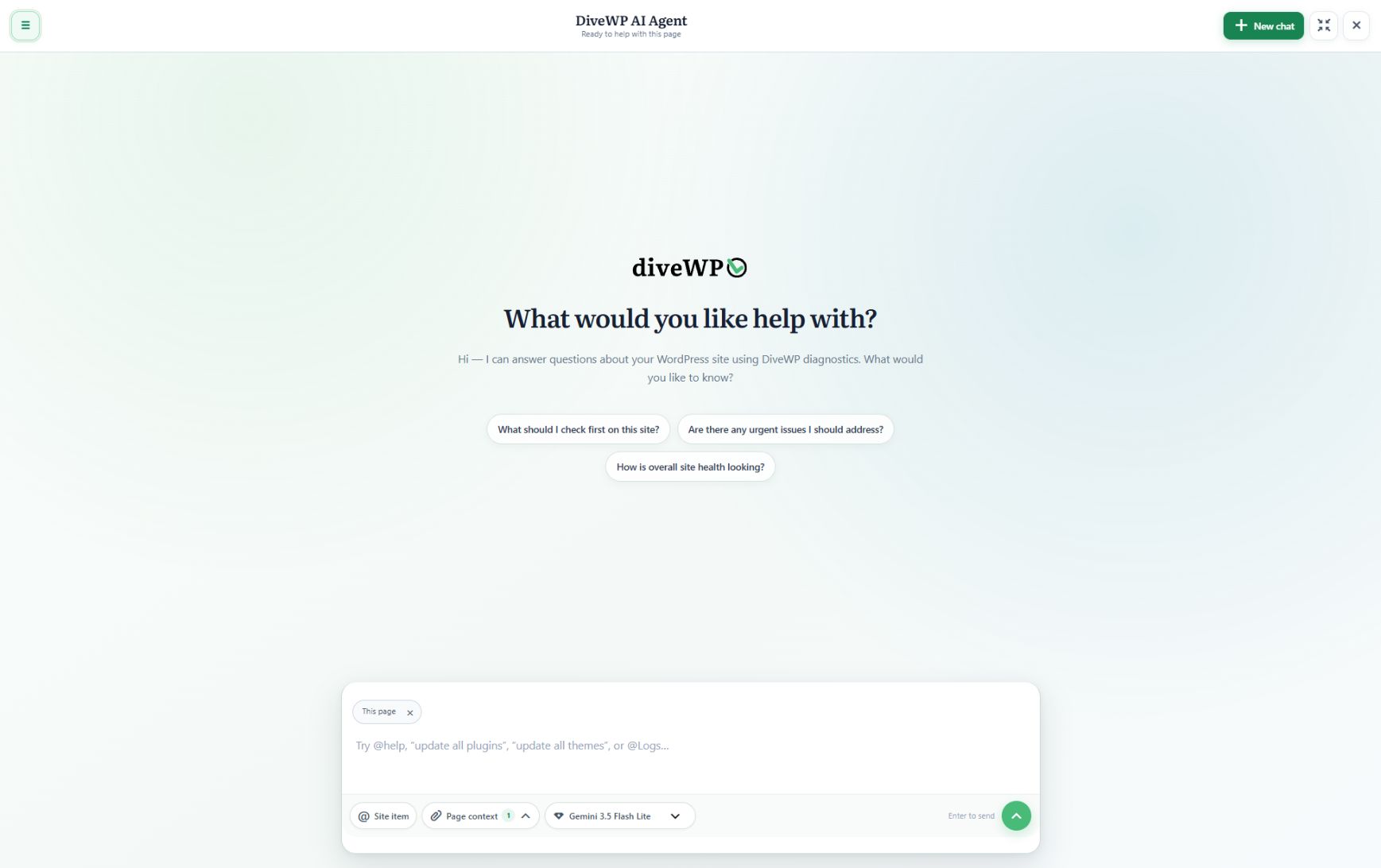 DiveWP AI Agent chat workspace with suggested WordPress questions and page context.