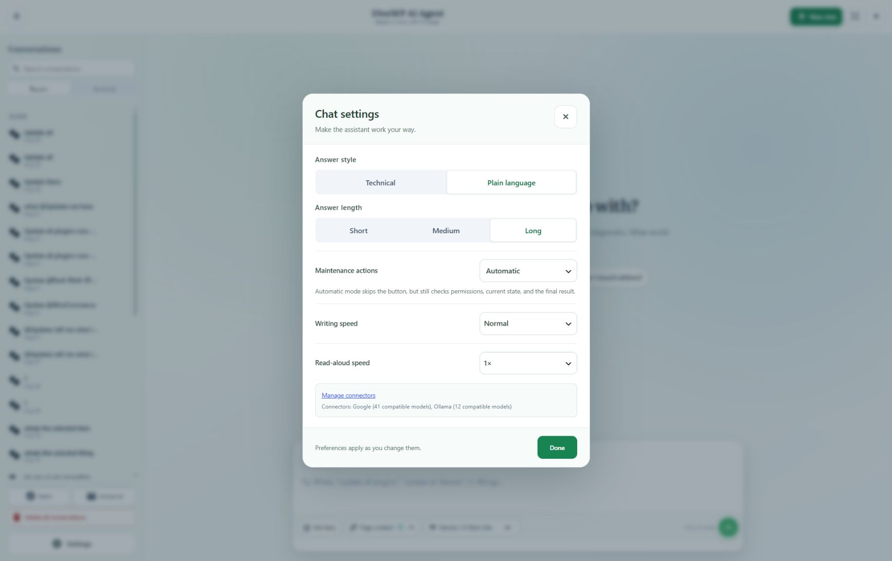 Chat settings for answer style, length, maintenance actions, writing speed, and Read Aloud speed.