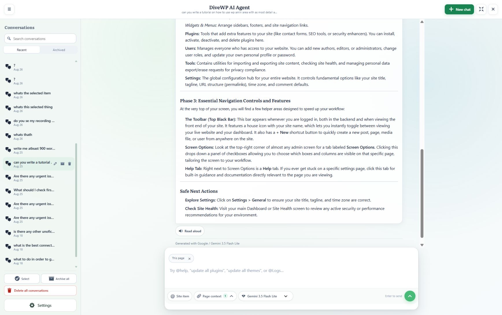Saved WordPress guidance with conversation history and a Read Aloud control.