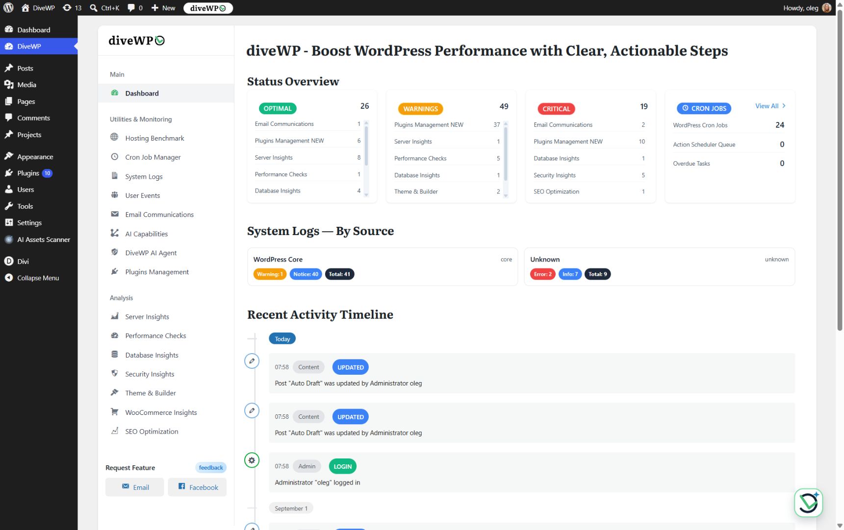 DiveWP dashboard with diagnostic totals, scheduled tasks, log sources, and recent activity.