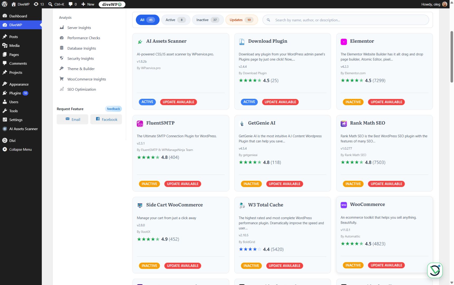 Searchable plugin manager with versions, status, ratings, and available updates.