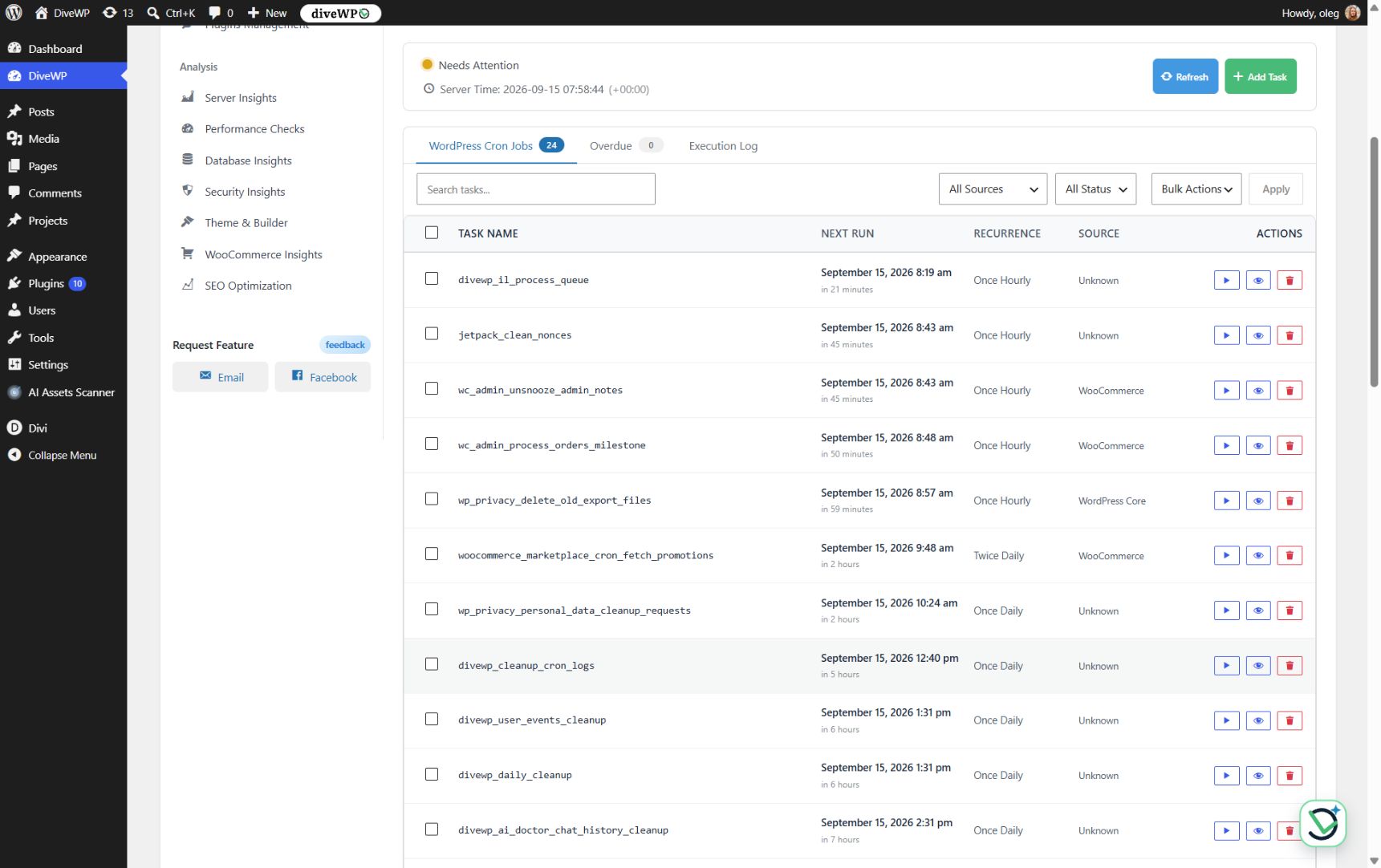 Cron Job Manager with scheduled tasks, next-run times, recurrence, and filters.