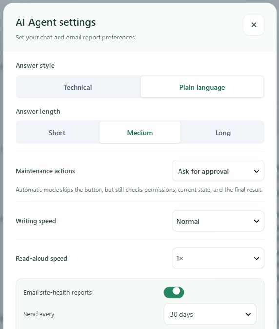 AI Agent settings modal with answer preferences, Read Aloud speed, and email report interval.