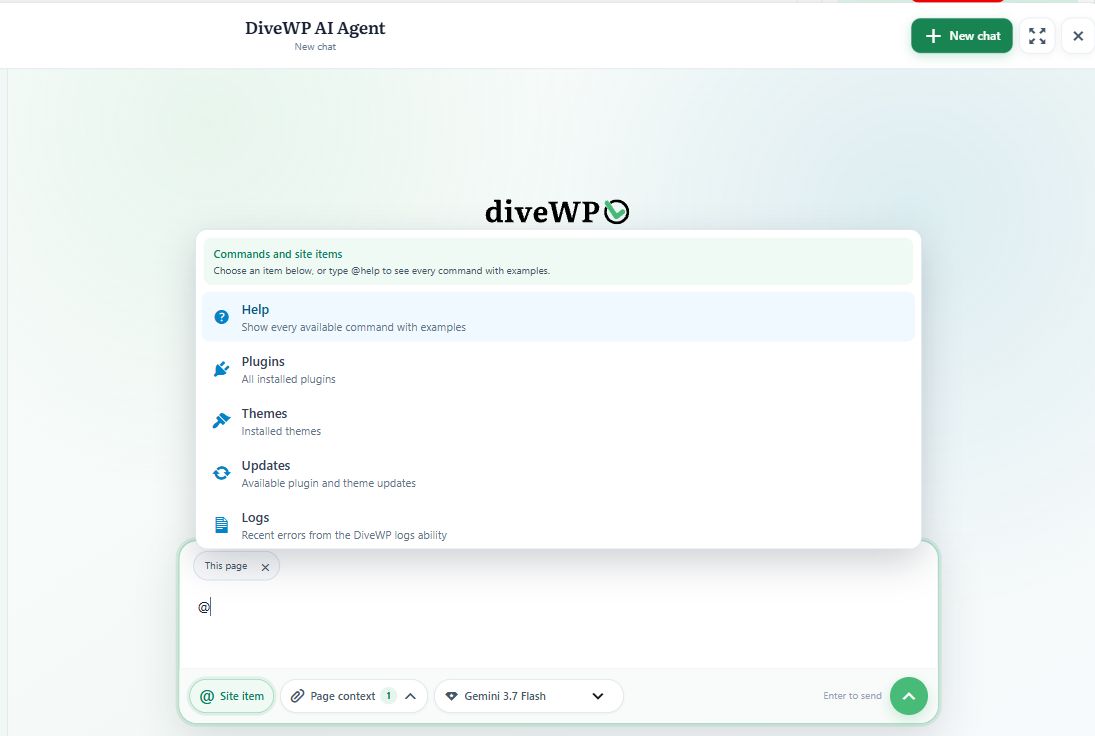 AI Agent site-item picker for plugins, themes, updates, and logs, with page context attached.