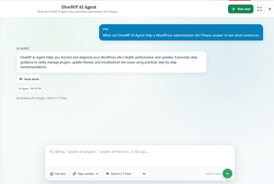 Saved AI Agent conversation with a Read Aloud control for the answer.