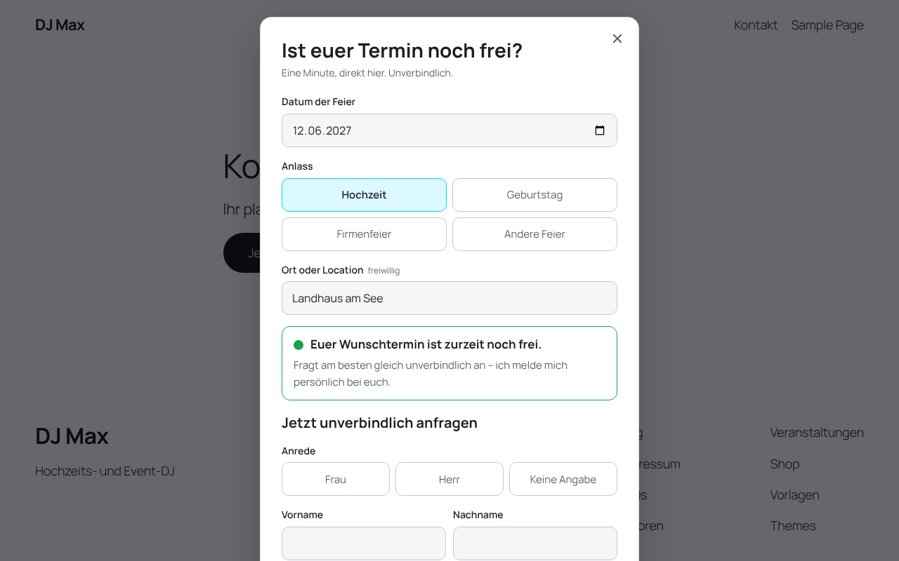 The inquiry form as a window on top of the DJ's website, with the live availability check (green: the date is still free).