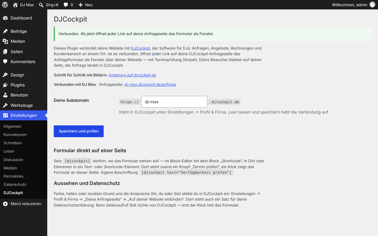 Settings → DJCockpit: enter your subdomain and click “Speichern und prüfen”. Green means connected.