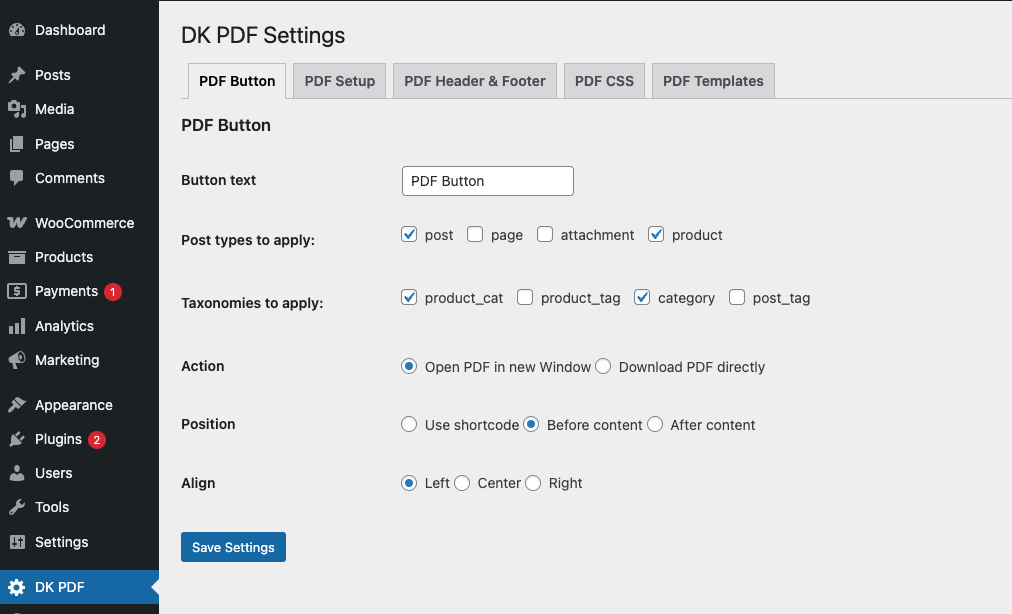 PDF Button settings