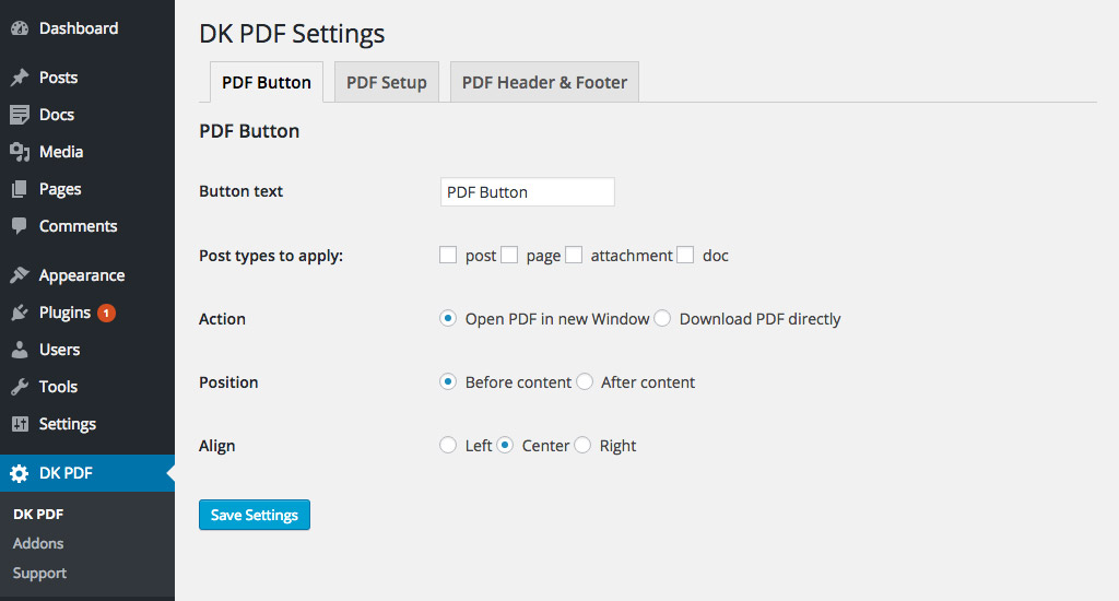 PDF Button settings