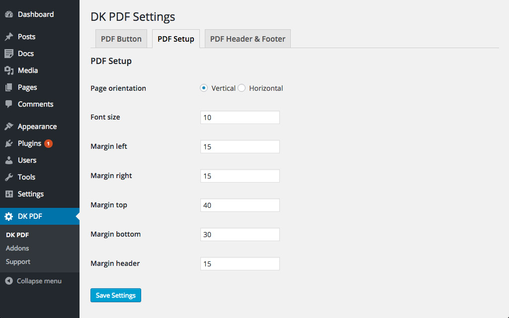 PDF Setup settings