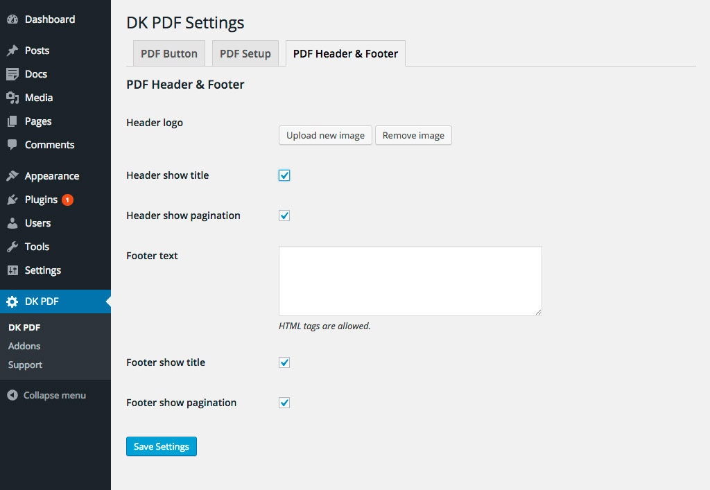 PDF Header & Footer settings