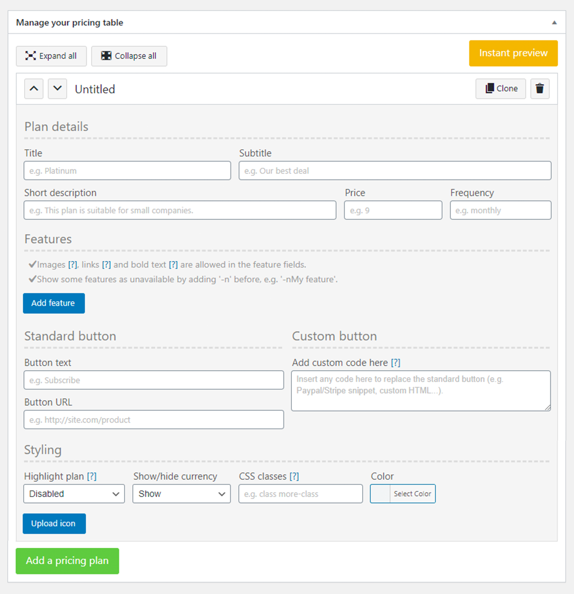 Creating a pricing table (admin view)