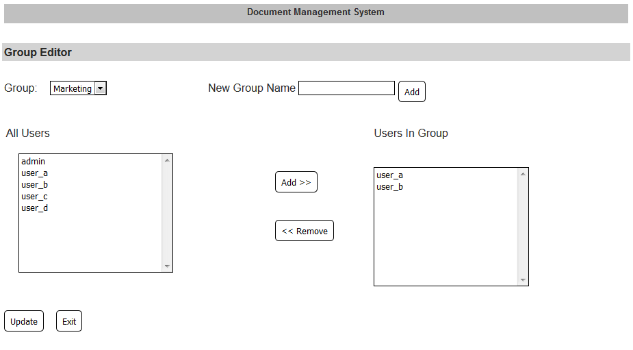 The screen for creating and editing user permissions groups.