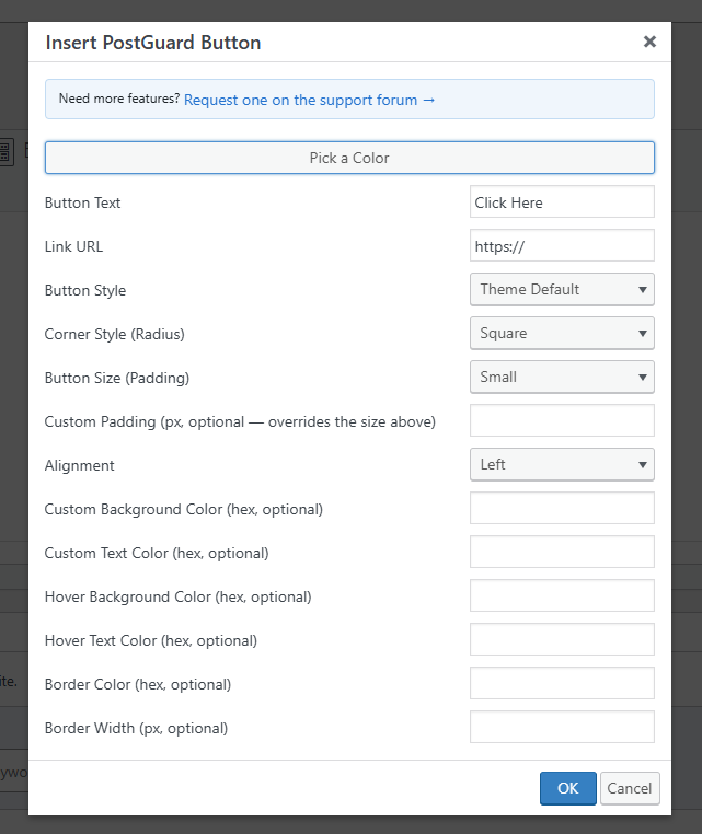 The "Insert Button" dialog — style, radius, padding, alignment, and color options.
