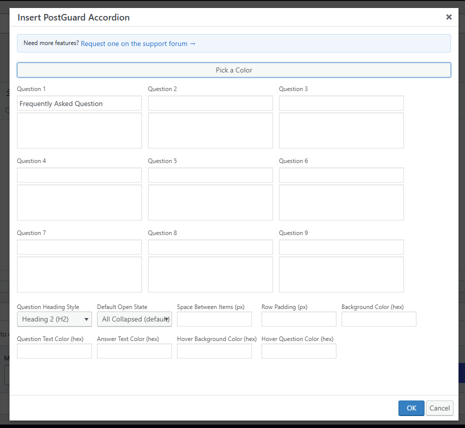 The "Insert Accordion" dialog — a 3x3 grid for up to 9 FAQ pairs plus shared styling.