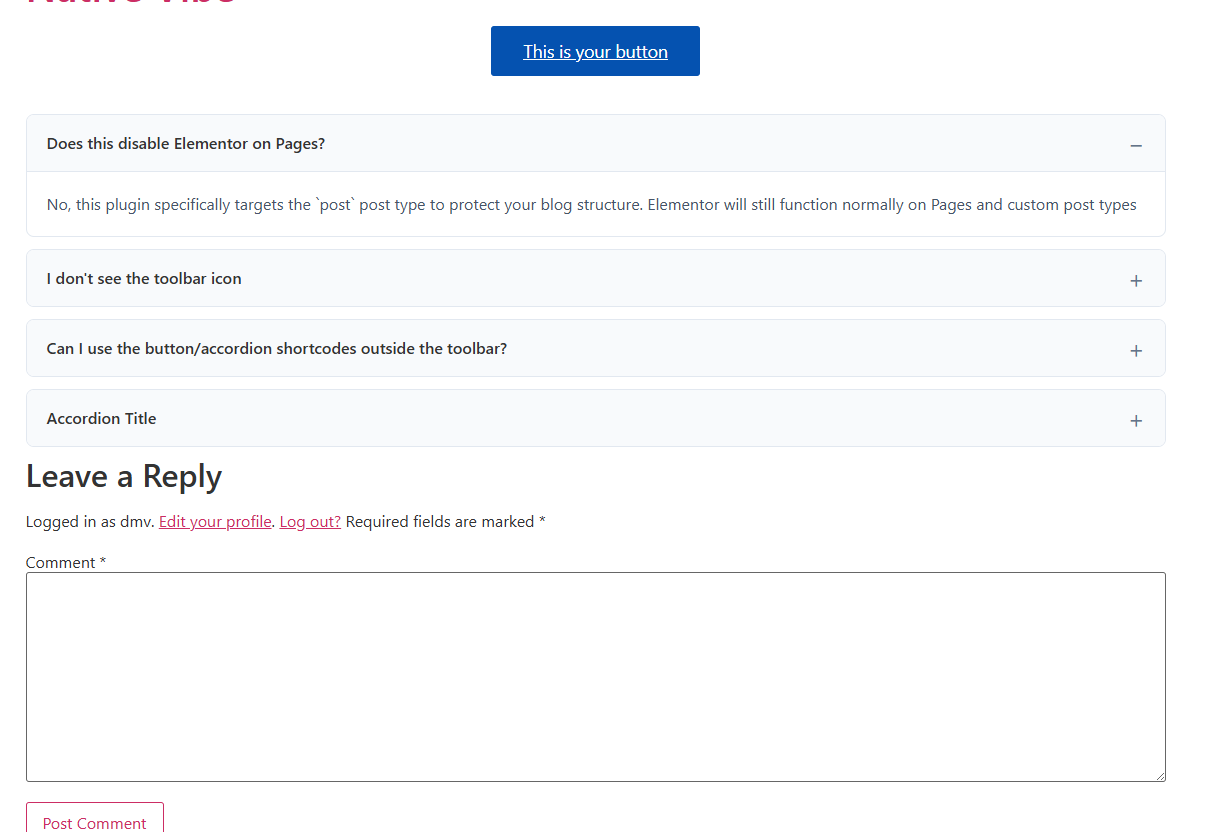 A button and an accordion rendered on the published frontend.