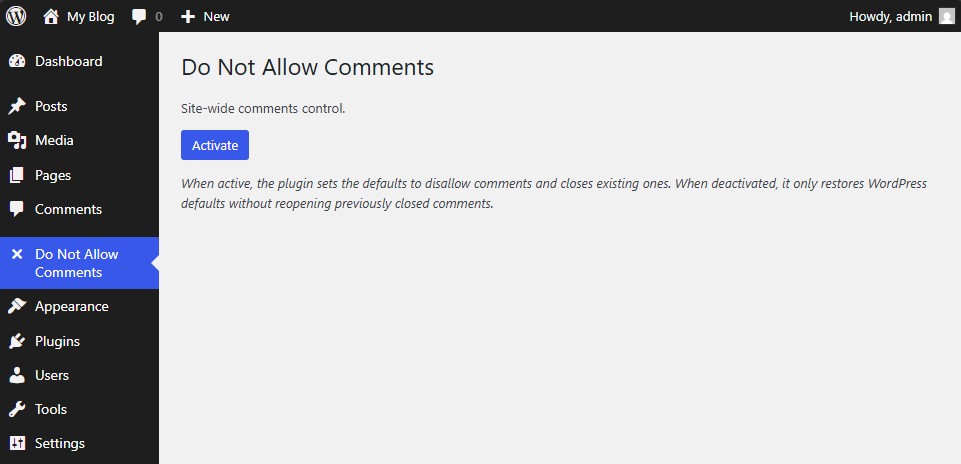 Main settings page showing the single “Activate / Deactivate” button.