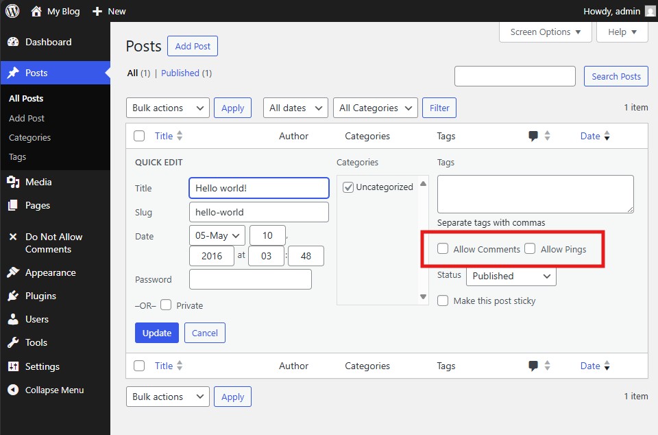 Post editor screen showing the “Allow Comments” option already unchecked by default.