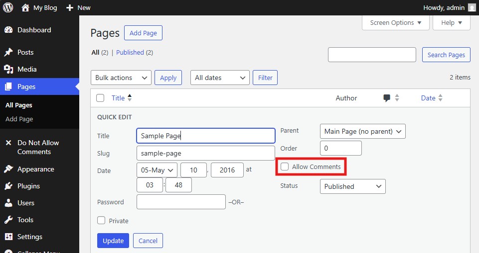 Page editor screen showing the “Allow Comments” option already unchecked by default.