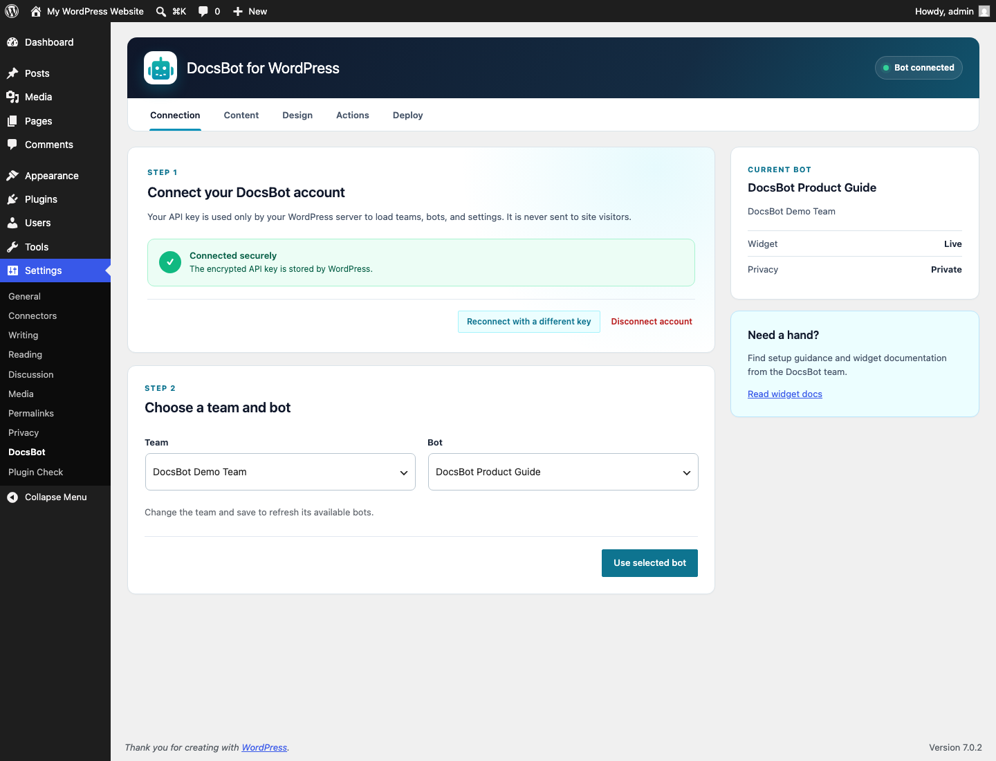 Connect a DocsBot API key and select an accessible team and bot.