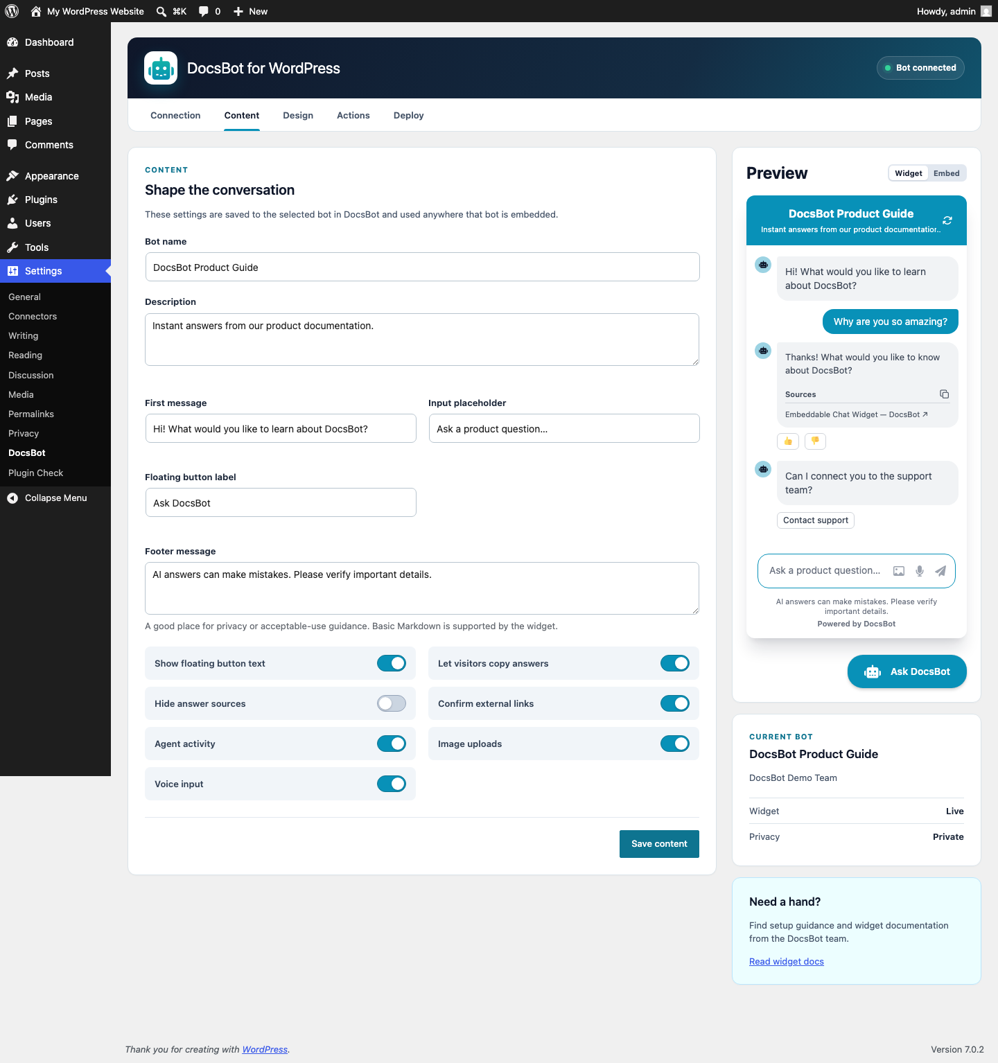 Edit the bot's conversation content and labels.