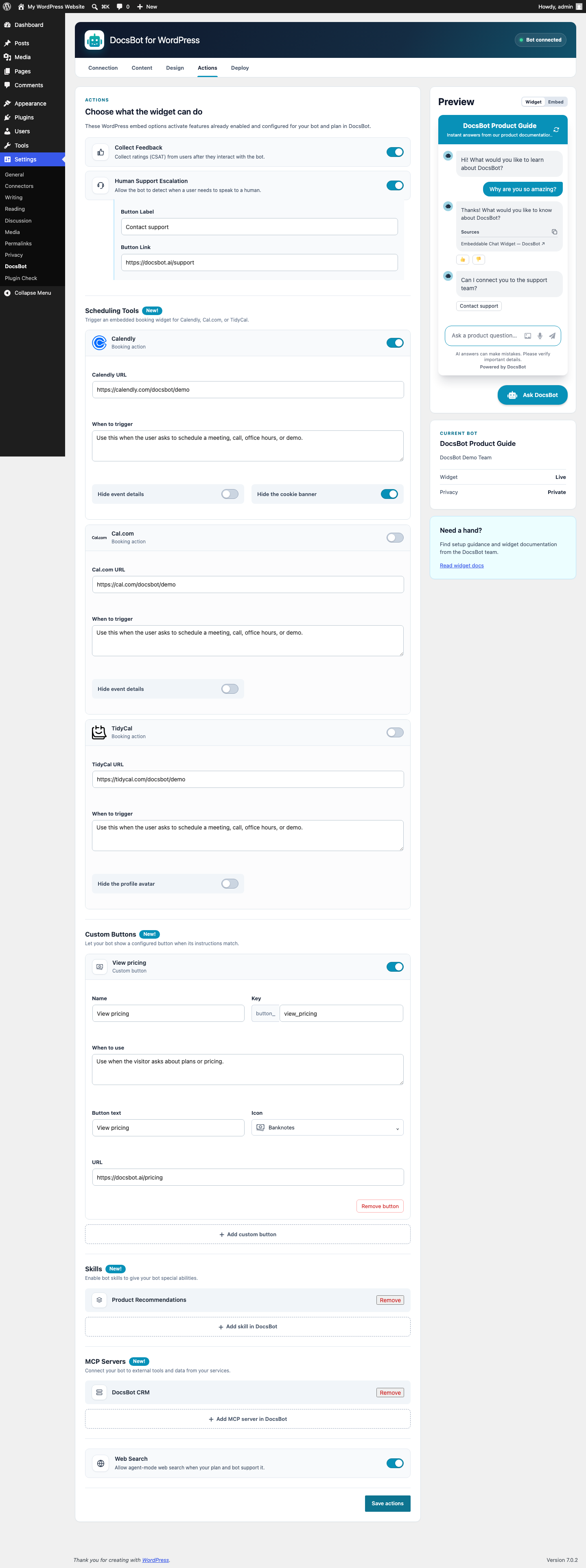 Enable supported feedback, escalation, search, booking, and custom actions.