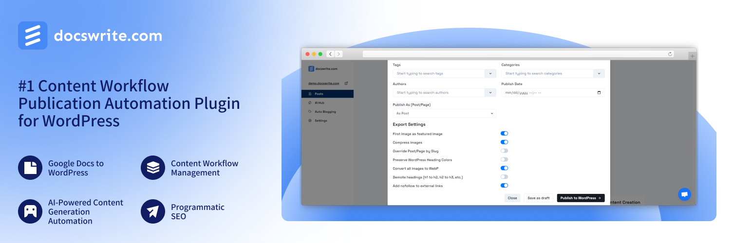 WordPress 外掛 Docswrite – Export Google Docs to Your Site ✨ 的封面圖片。