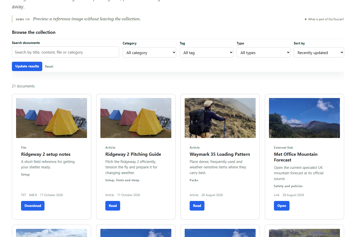 A media-rich grid library with mixed Article, Attachment and External URL Documents and the complete Free filter set.