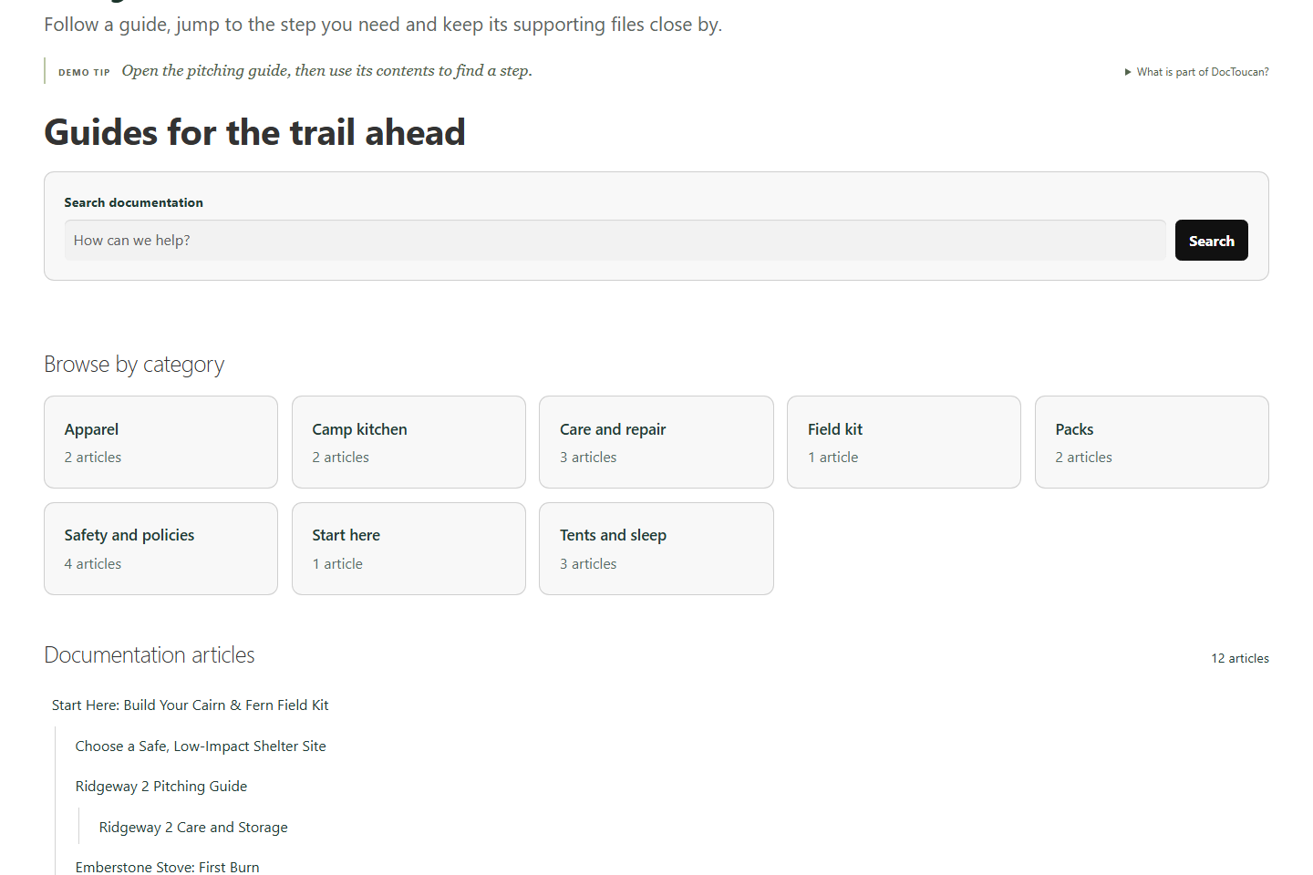 A complete Documentation Hub with search, categories and a nested Article tree.