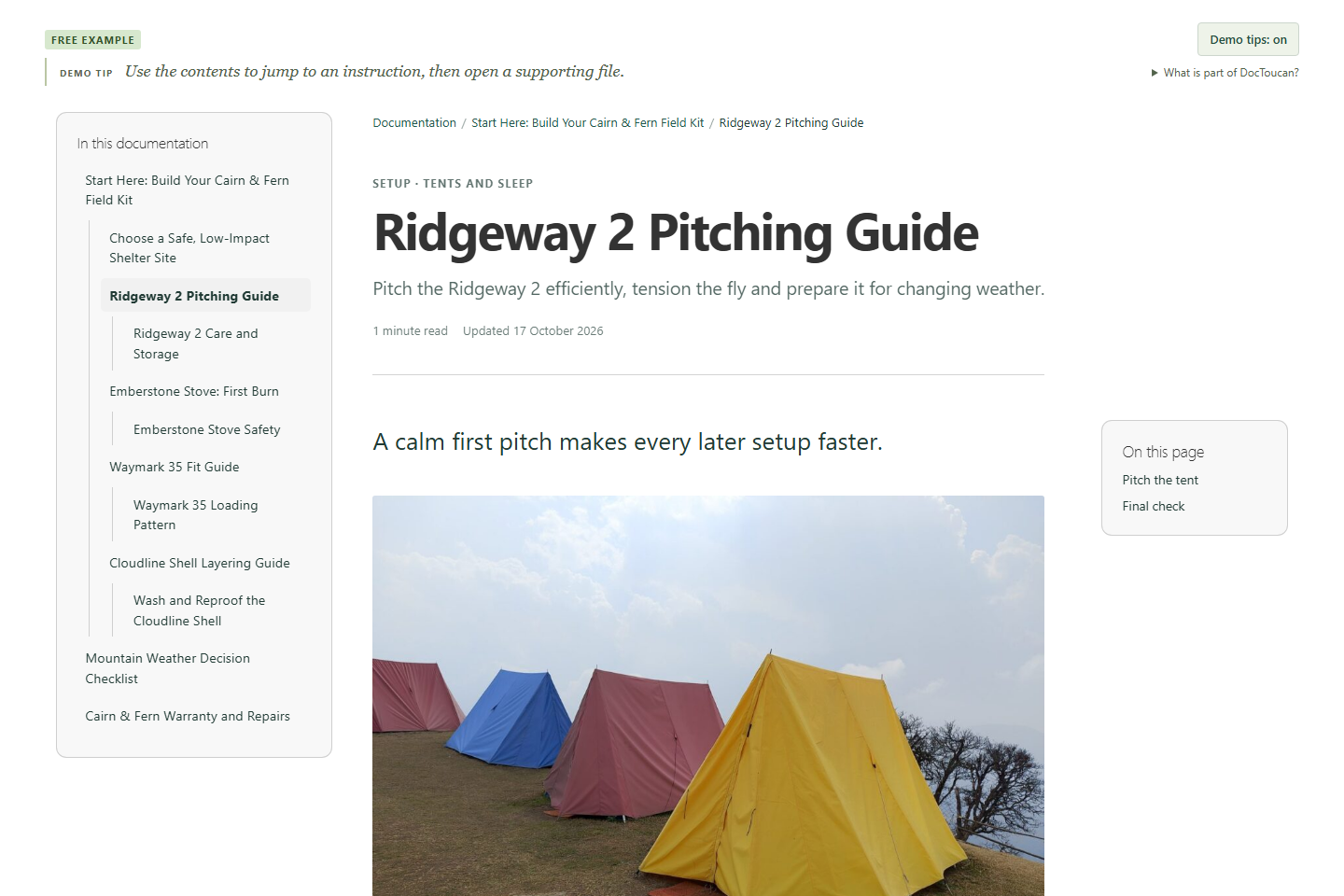 A DocToucan Wide Article with breadcrumbs, document navigation, table of contents and a readable content column.