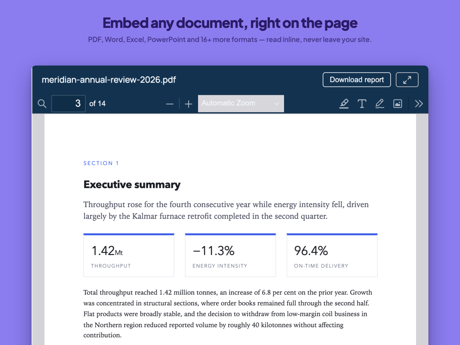 Embed any document, right on the page — PDF, Word, Excel, PowerPoint and 16+ more formats — read inline, never leave your site.