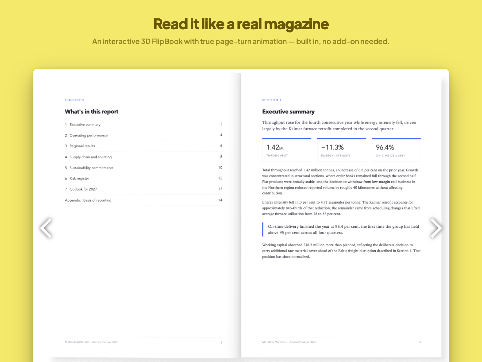 Read it like a real magazine — An interactive 3D FlipBook with true page-turn animation — built in, no add-on needed.