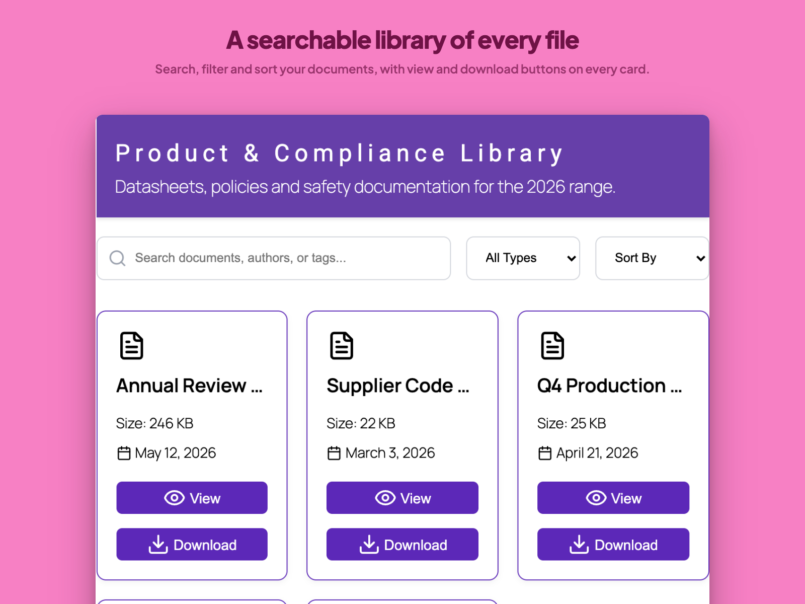 A searchable library of every file — Search, filter and sort your documents, with view and download buttons on every card.